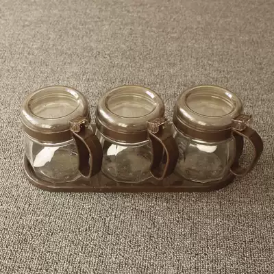 Household kitchen glass seasoning jar large capacity with spoon drum type personality practical easy to clean a set of three cans with tray
