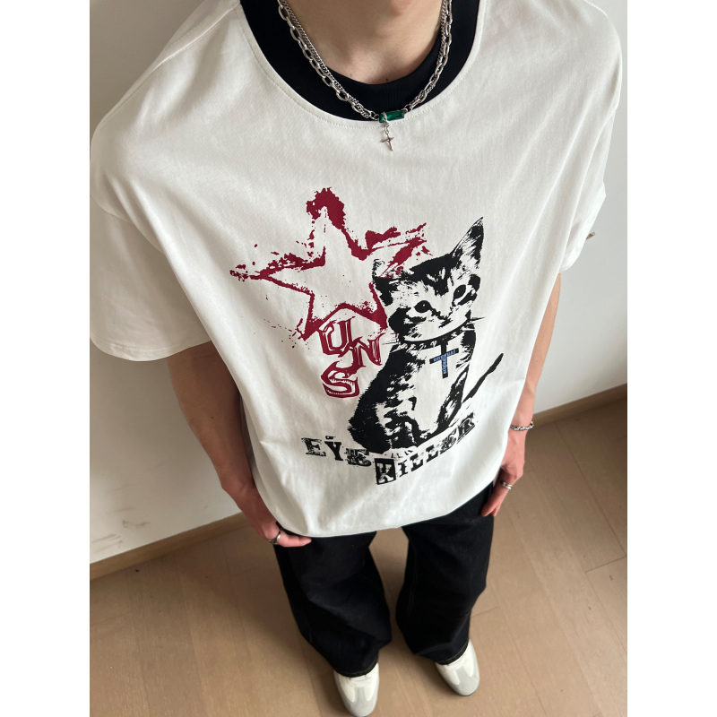 Unlg American Retro Color-Blocked Cat Heavy Cotton Short-Sleeve T-Shirt for Men, Summer Loose Casual Crew Neck Top, Trendy