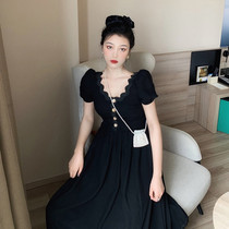 Summer womens dress 2022 New womens style Hepburn Wind v collar black Liandress Summer Advanced sense Design small crowdsourced