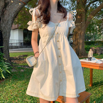 Summer womens dress 2022 The new female small scents wind with a shoulder white dress and a superior sense design for the summer