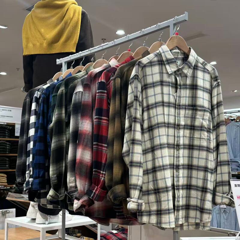 Uniqlo Men's and Women's Flannel Plaid/Solid Color Shirts Long-Sleeved Shirts Thin Jackets 25 Autumn and Winter Styles