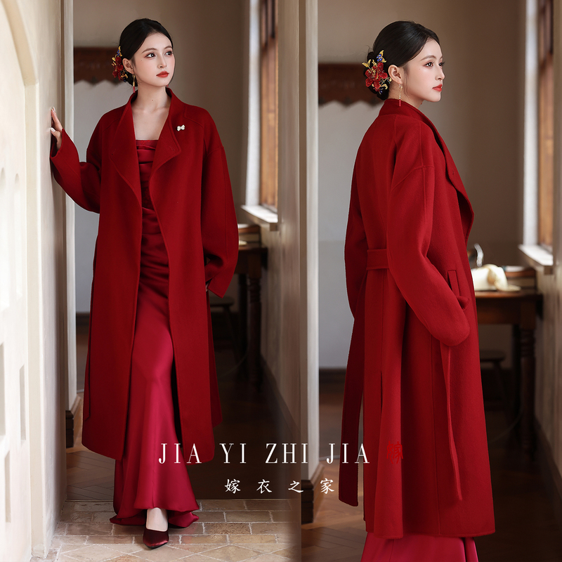 Wedding Dress House【Shu Yan】Wool Coat Wedding Toast Dress Bride Red Woolen Coat Engagement Dress for Women