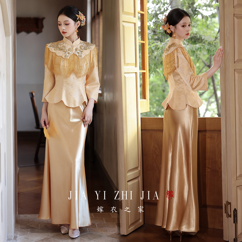 Wedding Dress House【Jinwu】New Chinese-Style Toast Dress for Bride, Golden Wedding Cheongsam, High-End Engagement Dress for Women