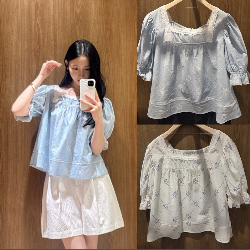 Xthemcaps Korean Designer Muemue* Elegant and Gentle Lace Square-Neck Printed Sweet Puff-Sleeve Shirt Xthemcaps Korean Designer Muemue* Elegant and Gentle Lace Square-Neck Printed Sweet Puff-Sleeve Shirt