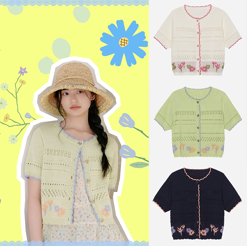 Xthemcaps Korea Thursday Island Forest Style Round Neck Color-Block Floral Knit Hollow Cardigan Xthemcaps Korea Thursday Island Forest Style Round Neck Color-Block Floral Knit Hollow Cardigan