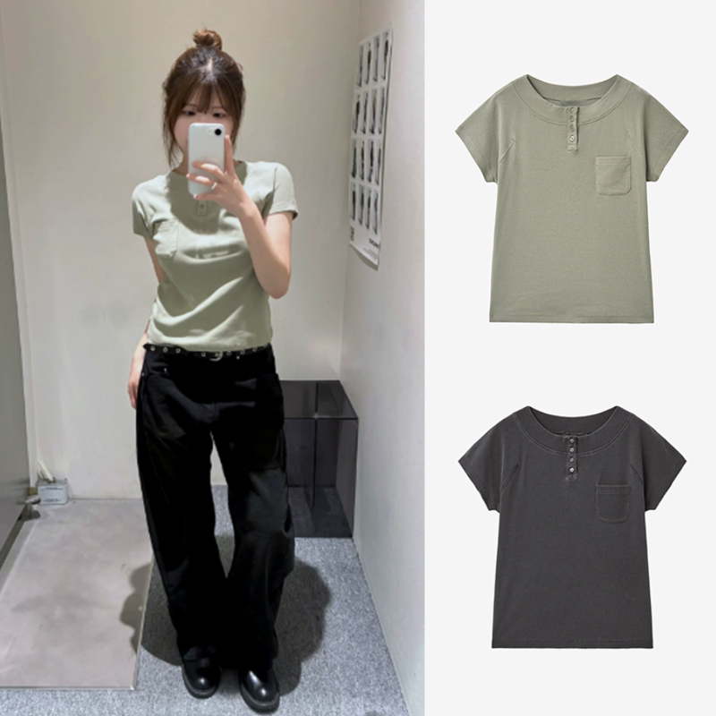 Xthemcaps Korean Designer Ins* French-Style Simple Henley Collar Comfortable Versatile Short-Sleeved T-Shirt