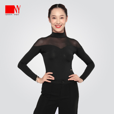 Nart dance suit new female high collar mesh yarn splicing connected body blouses long sleeves black Morden dance national mark dance dress