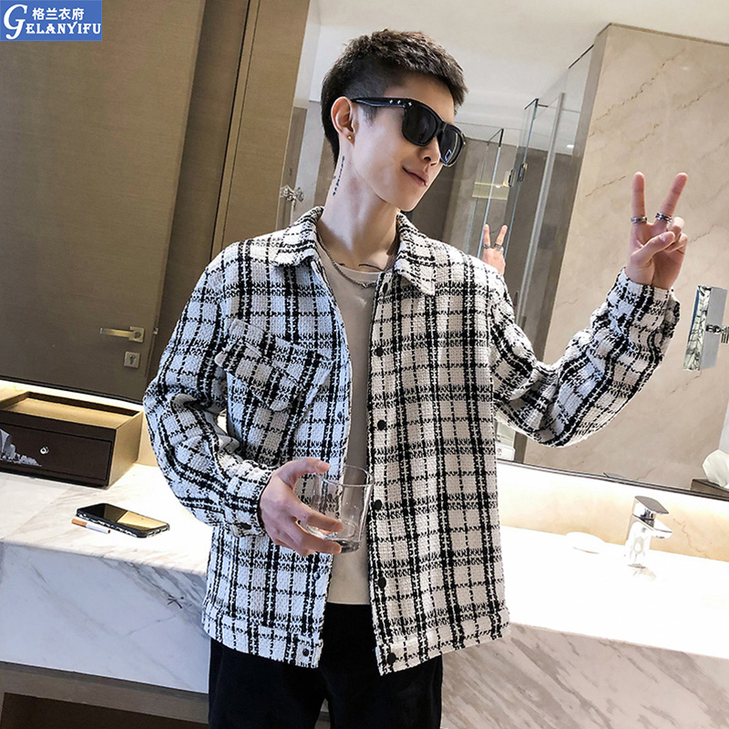 Net Red Tides Signs Ins grid jacket Men's Korean version Trend loose casual jacket jacket 100 hitch black and white plaid shirt