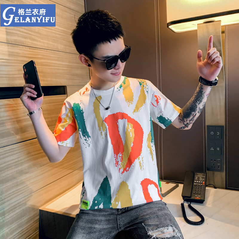 Summer Tide brand ins color printing short sleeve male fashion fashion trend social spirit guy half sleeve t-shirt