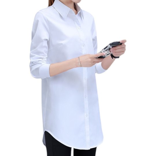 White blouse mid-length long-sleeved chiffon shirt dress fashion all-match Korean version loose large size summer sun protection clothing BF