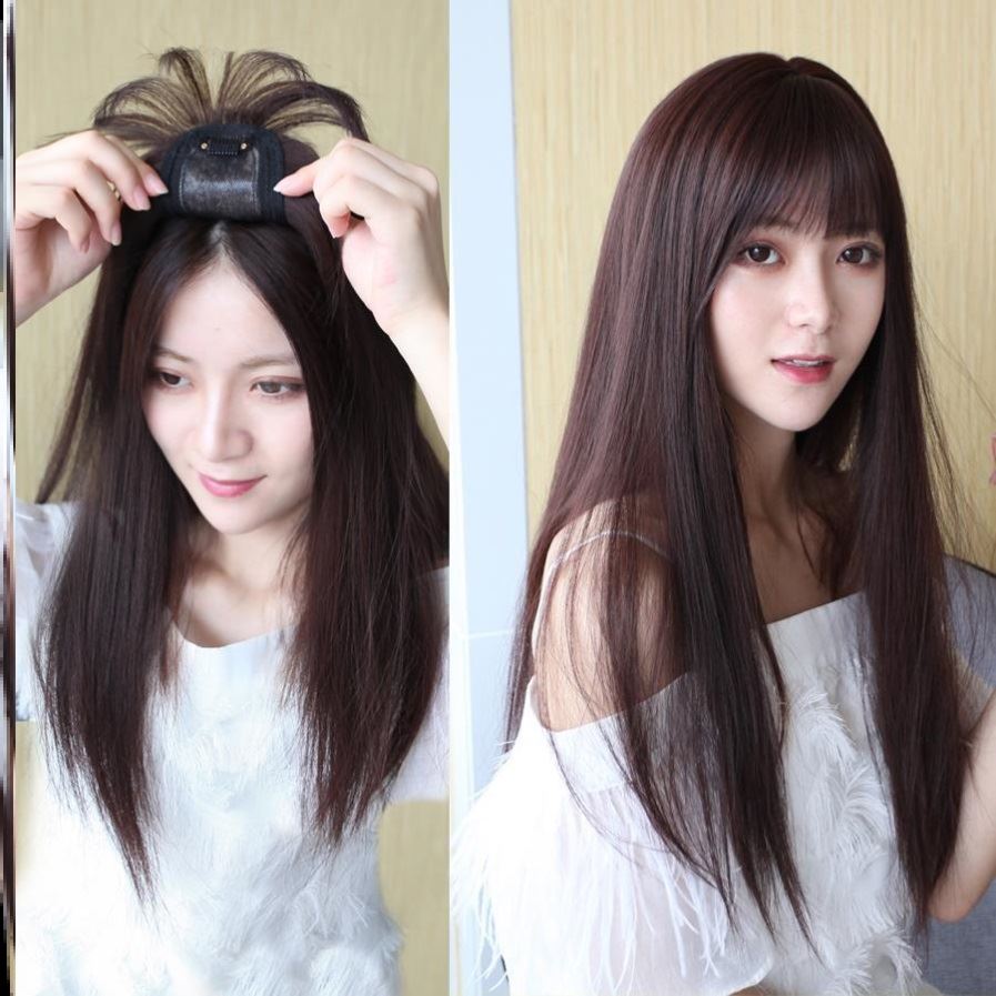 Women's fluffy wig covering white hair with bangs head patch covering hair patch top