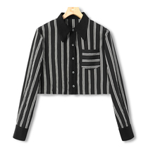 55% Tencel (AL) Autumn Clothing*Introduction Black collar striped wide shoulder strap shoulder pad short shirt 989弜