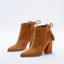 West Lake Pavilion (S) Bull anti-skin texture grinding hair pointed tassel lace thick high heel boots S714