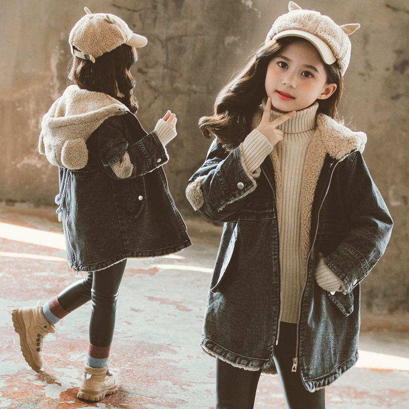 Girl Autumn Winter Plus Suede Denim Jacket 2021 Foreign Pie Trendy Korean Version Casual Thickened with a large child windfall in the hat