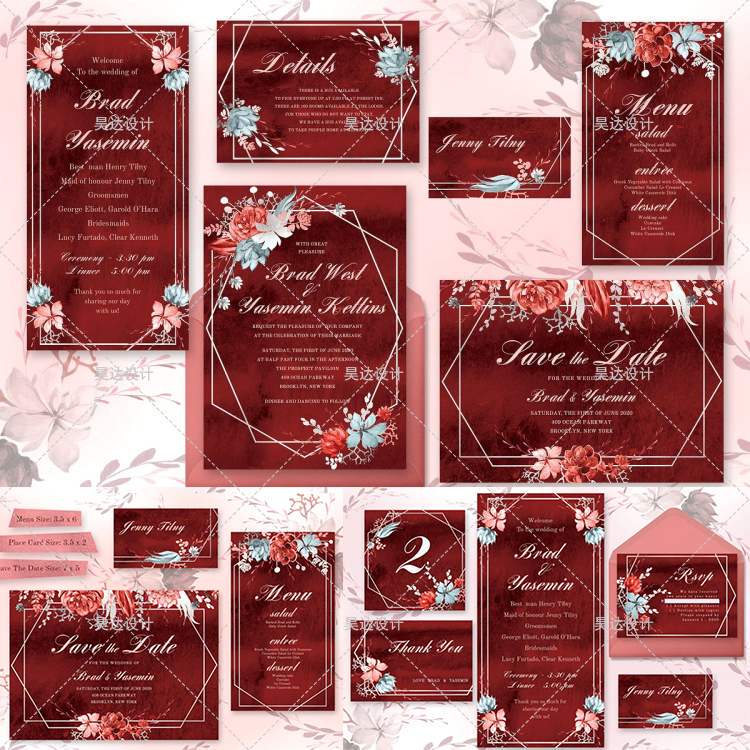 Watercolor Festive Red Flowers Geometric Frame Background Wedding Invitation Wedding Card Invitation Psd Template