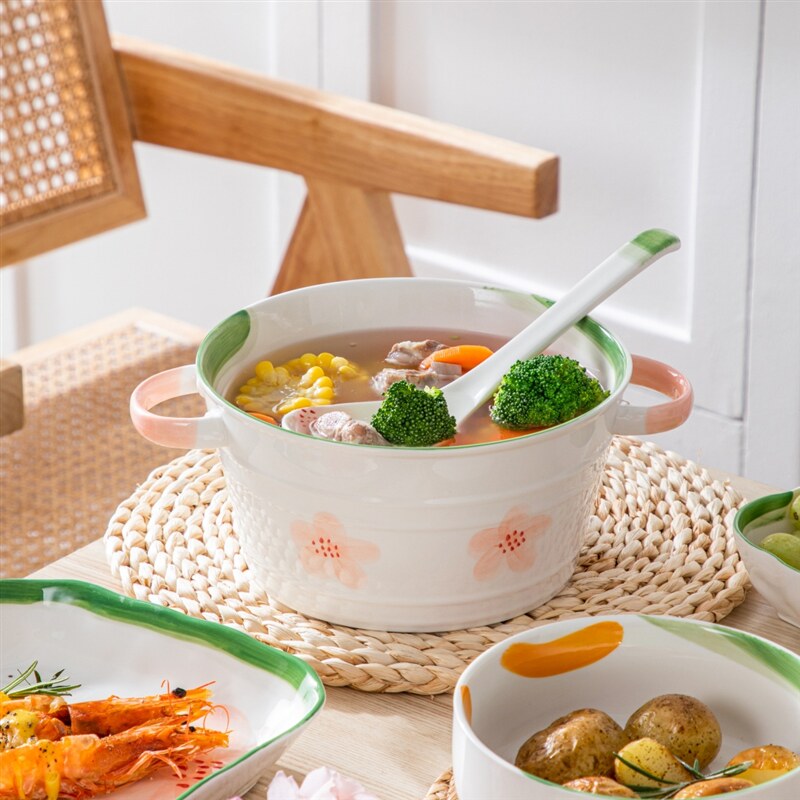 Monet's garden underglaze color hand-painted large-capacity 2000ml two-eared soup pot without spoon and spoon for household soup pot