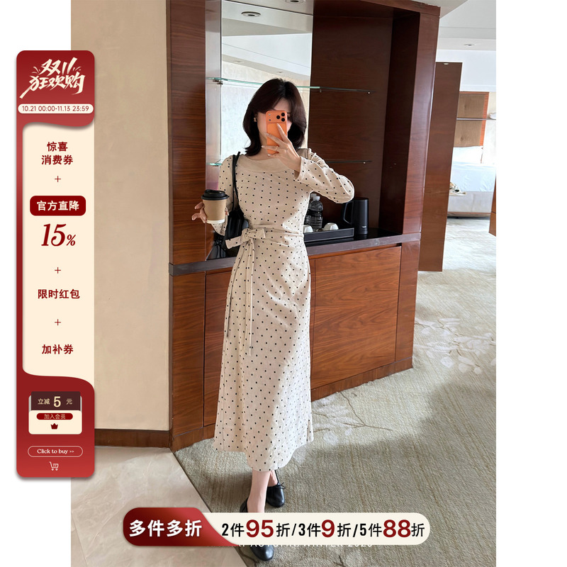 Lei Yingjun【Simple Time】Early Autumn Polka Dot Oatmeal Color Tie-Waist Slimming Gentle Dress Lei Yingjun【Simple Time】Early Autumn Polka Dot Oatmeal Color Tie-Waist Slimming Gentle Dress