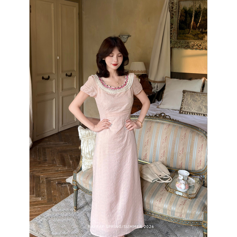 Lei Yingjun【Rose Garden】Retro French-Style Soft Pink Long Dress with Puff Short Sleeves and Lace Collar, Slimming Long Dress Lei Yingjun【Rose Garden】Retro French-Style Soft Pink Long Dress with Puff Short Sleeves and Lace Collar, Slimming Long Dress