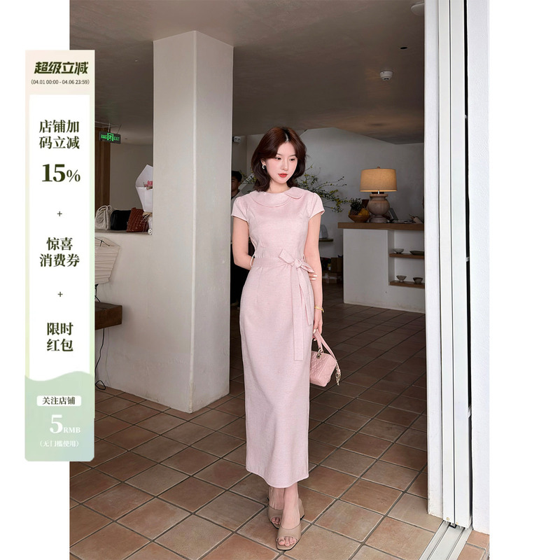 Lei Yingjun【Vintage Ballet】Peter Pan Collar Retro Waist-Tie Dress for Women, Summer Commuter Style Elegant Long Dress Lei Yingjun【Vintage Ballet】Peter Pan Collar Retro Waist-Tie Dress for Women, Summer Commuter Style Elegant Long Dress