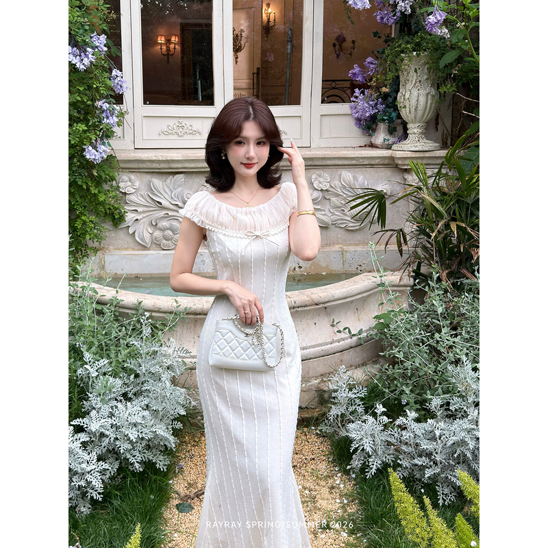 Lei Yingjun [Moonlight Sonata] French-Style Gentle Off-Shoulder Dress Summer Mesh Vertical Stripe Slimming Long Dress
