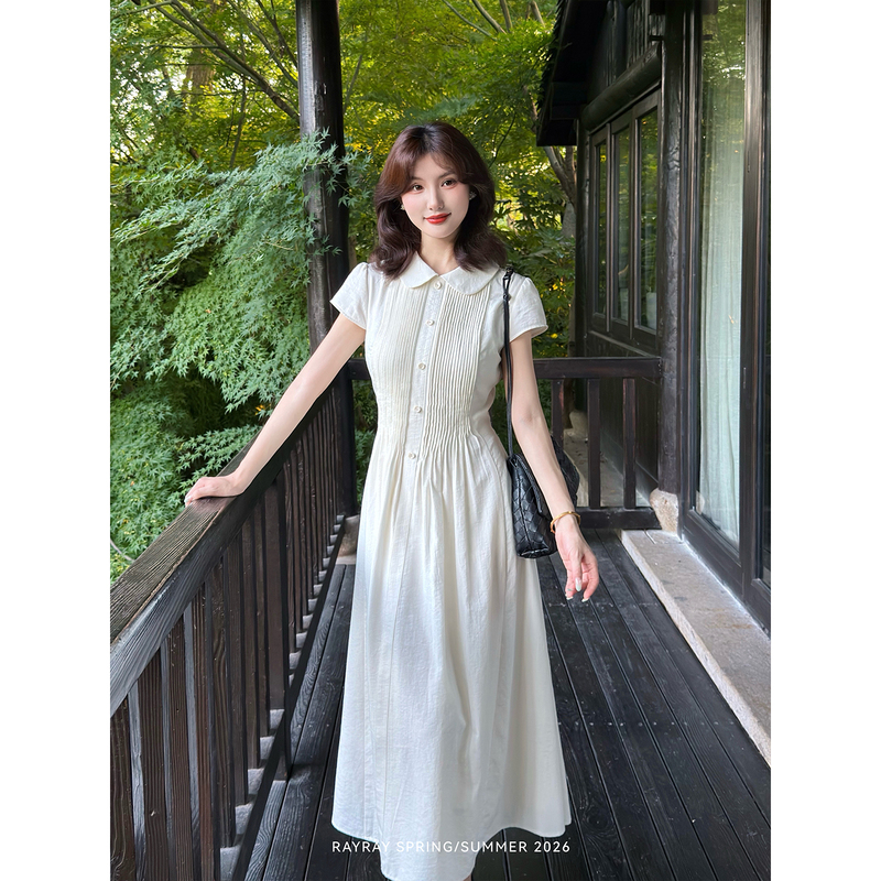 Lei Yingjun【Yunhe Academy】Off-White Pleated Dress with Peter Pan Collar, Short Sleeves, Waist-Cinching, and Draping Long Skirt Lei Yingjun【Yunhe Academy】Off-White Pleated Dress with Peter Pan Collar, Short Sleeves, Waist-Cinching, and Draping Long Skirt