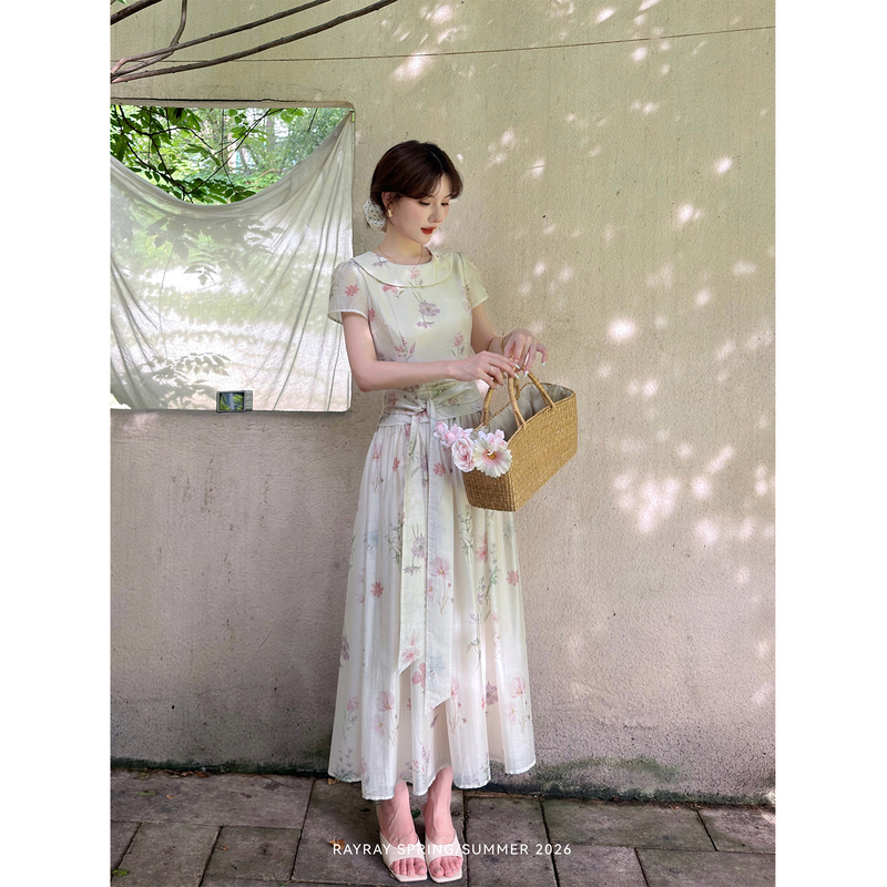 Lei Yingjun [White Wildflower Bouquet] Floral Dress for Women, Summer Short Sleeve, Pleated High Waist, Tie-Up, Gentle Long Dress