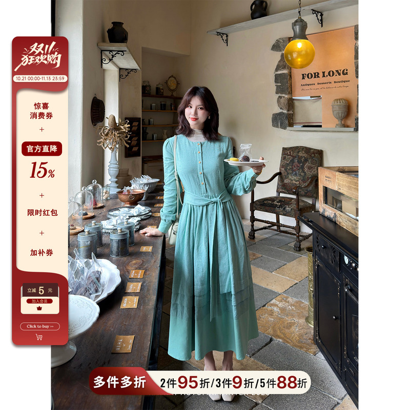 Lei Yingjun【Qiaomu Fufeng】Early Autumn Artistic Forest Style Dress Round Neck Wooden Button Tie Waist Flowing Long Dress Lei Yingjun【Qiaomu Fufeng】Early Autumn Artistic Forest Style Dress Round Neck Wooden Button Tie Waist Flowing Long Dress