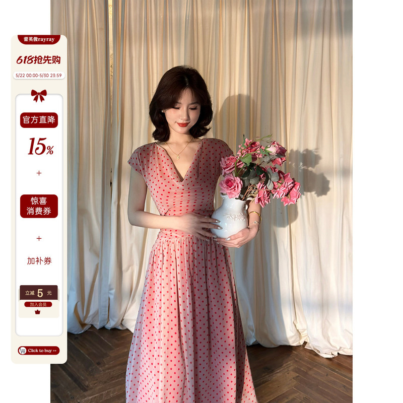 Lei Yingjun [Dorothy Afternoon] French Retro Polka Dot Dress Summer Swing Collar Waist-Cinching Large Hem Gentle Long Dress