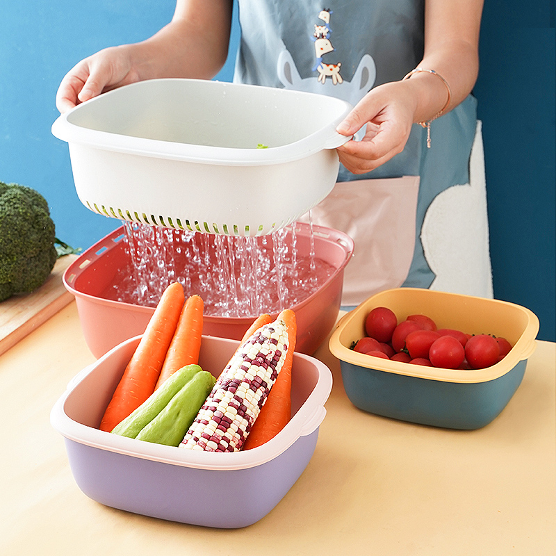 Drain Basket Wash Vegetable Basin Plastic Kitchen Wash Fruit Double Multifunction Containing Basket Drain theiner Large Number of Vegetable Baskets