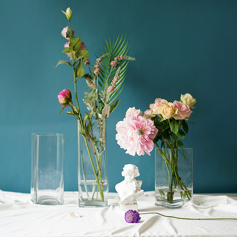 Nordic vase transparent glass square floral desktop hydropony flower rich and expensive bamboo dry flower square vase pendulum piece