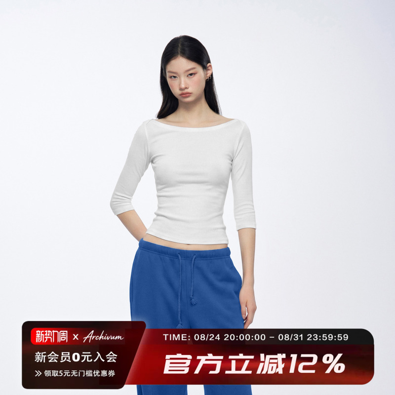 Archivum Summer Lyocell Wool Blend Regular Shoulder Boat Neck Mid-Sleeve Knitted Base Shirt Top Short Sleeve T-Shirt Archivum Summer Lyocell Wool Blend Regular Shoulder Boat Neck Mid-Sleeve Knitted Base Shirt Top Short Sleeve T-Shirt