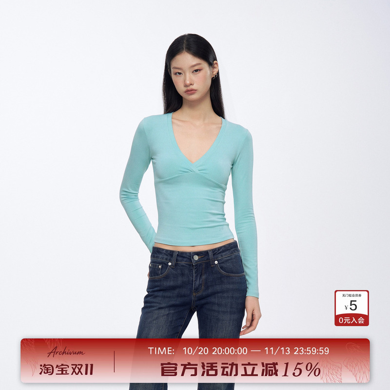 Archivum Basic Deep V-Neck Low-Cut Slim-Fit Base Short-Sleeve Slimming Tight-Fitting Sexy T-Shirt Long-Sleeve Top Archivum Basic Deep V-Neck Low-Cut Slim-Fit Base Short-Sleeve Slimming Tight-Fitting Sexy T-Shirt Long-Sleeve Top