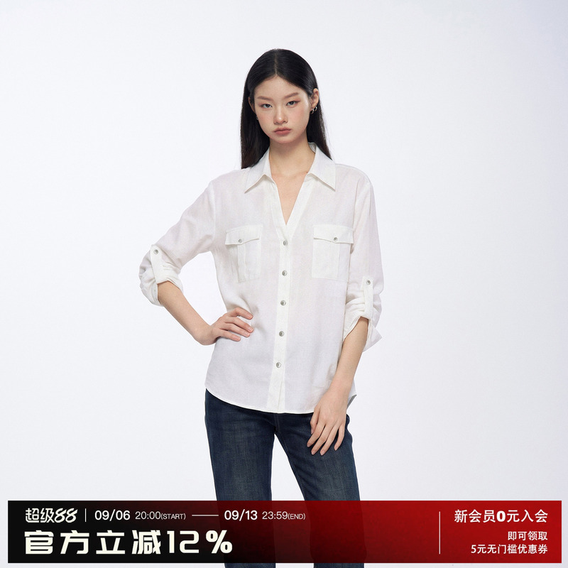 Archivum Linen Lyocell Blend Pocket Workwear Mid-Sleeve Turn-Down Collar Loose Casual Lazy Long-Sleeve Shirt