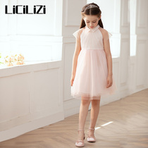 LiCiLiZi particle childrens clothing girl dress pink short sleeve small square collar cute sweet net gauze princess skirt