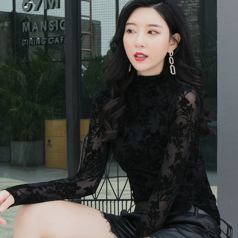 European Style Spring New Fashion Mesh Flocking Floral Top Slim Long-Sleeve Black Turtleneck Base T-Shirt Women's Clothing