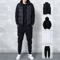 Mens suit with sweater suit mens trend Korean version of handsome autumn and winter plus velvet padded sports suit three-piece set