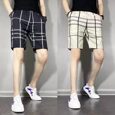 Summer plaid shorts four-point pants trendy men's thin casual men's five-point pants Korean version of the trend all-match beach pants kz