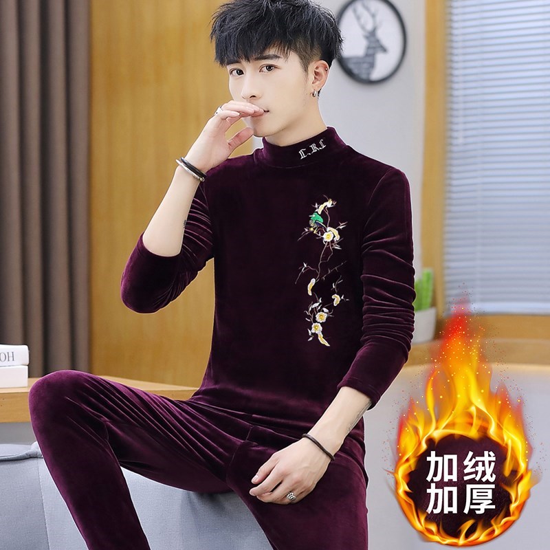 Men's thermal underwear gold velvet suit plus velvet thickened mid-neck bottoming shirt winter youth autumn clothes sanitary pants tz