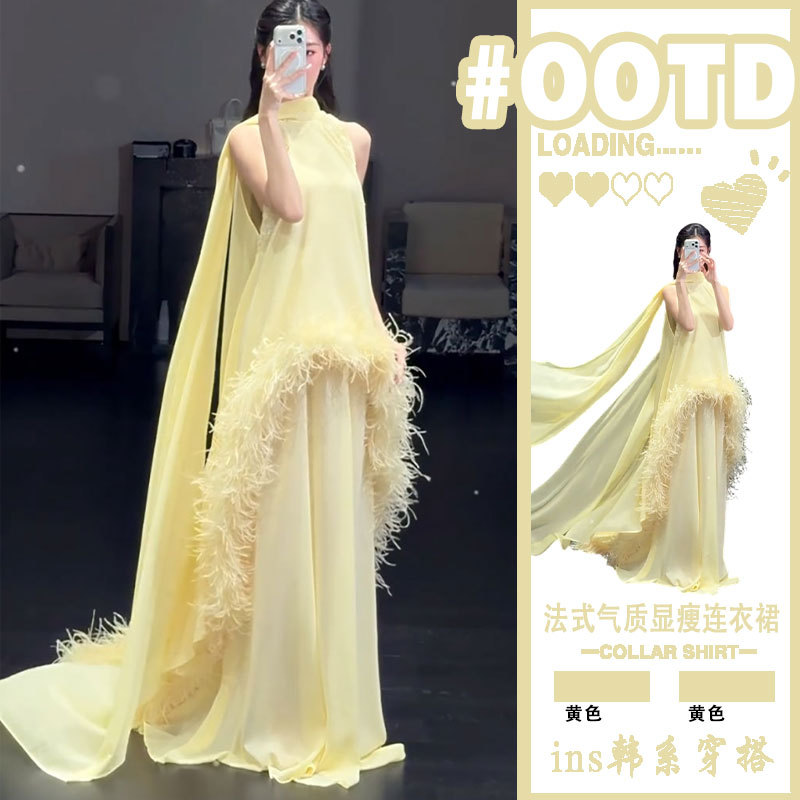 French Large Size Sleeveless Chiffon Dress for Women 2026 New Style Spliced Ostrich Feather Dress Slimming Elegant Long Dress