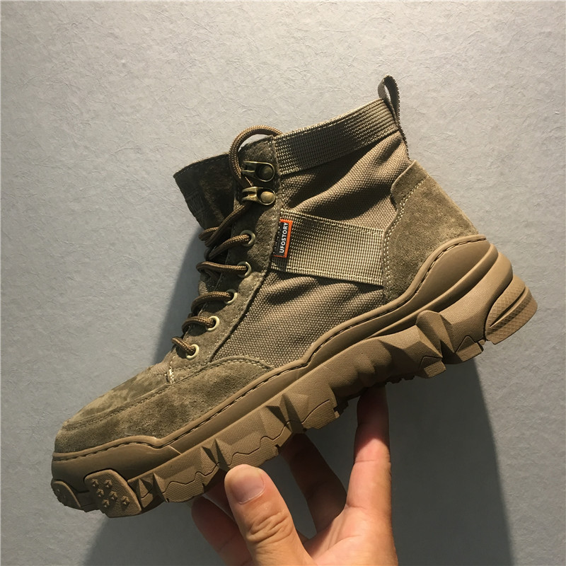 Mid-Top Men's Desert Boots, Hiking Cowboy Boots, Canvas Mountaineering Boots, Outdoor Short Boots, Fabric Lace-Up Anti-Sand Tongue Integrated Design