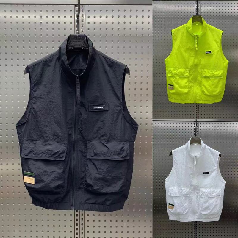 Summer Thin Multi-Pocket Work Vest for Men, Trendy Brand, Cool Stand-Up Collar, Outerwear, Sleeveless Casual Jacket for Couples