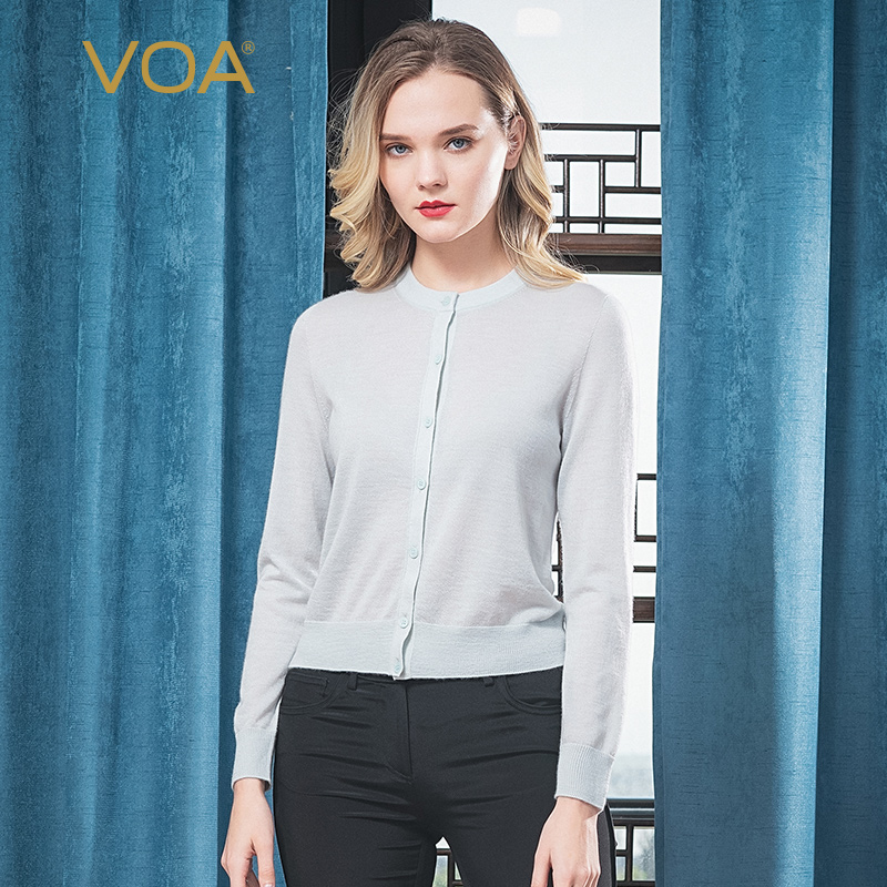 VOA tốt ấm 60 mỹ lysing cổ tròn tinh khiết cashmere của phụ nữ dài tay đường thẳng ren reel đơn hàng khóa điều hòa không khí cardigan