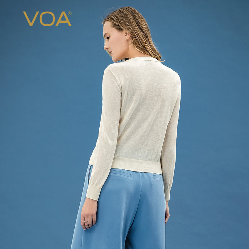 VOA tốt ấm 60 mỹ lysing cổ tròn tinh khiết cashmere của phụ nữ dài tay đường thẳng ren reel đơn hàng khóa điều hòa không khí cardigan