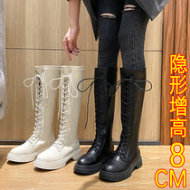 White Boots Woman Mid boot 2021 New inner heightening Long boot small sub Long cylinder boot Slim Lace Knight Boots