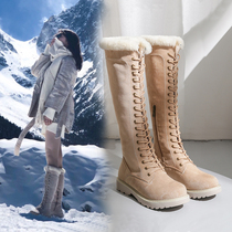 Snow ground cotton long boot female leather hair integrated long cylinder boots with velvet thickened boots large cotton shoes winter middle cylinder high cylinder snowshoeing boots