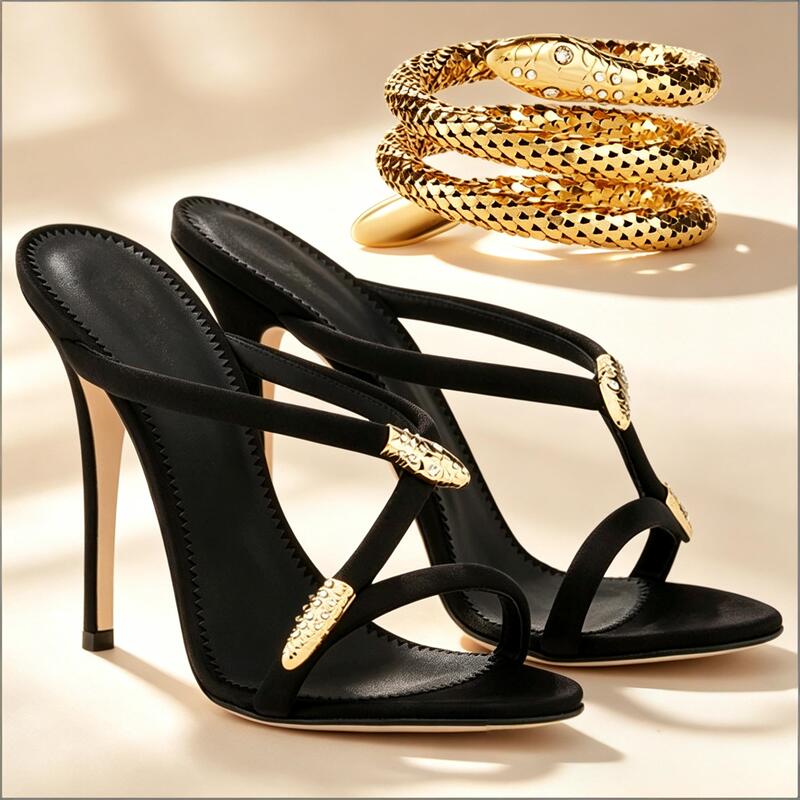 New Sexy Style Black Cross-Strap Sandals for Women, Stiletto High Heels, Open Toe, Fashionable and Versatile, Metal Decoration, Royal Sister Shoes