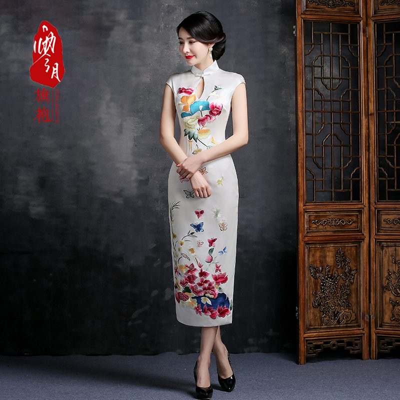 Zero Month Improvement Qipao Handmade Embroidered Dress Qipao Dress With Long Version Of Heavy Pound Genuine Silk Mulberry Silk Daily Qipao Sashimi