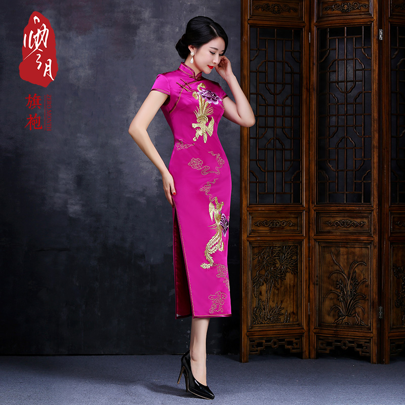 Zero Moon Qipao Pink Handmade Improved Version Mulberry Silk Mother Mother-in-law Wedding Dress in a long version of the dress