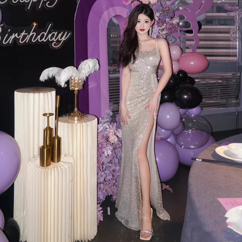 Plus-Size Women's High-End Sequin Strap Dress, Socialite Style Slit Long Dress, Party Mini Dress
