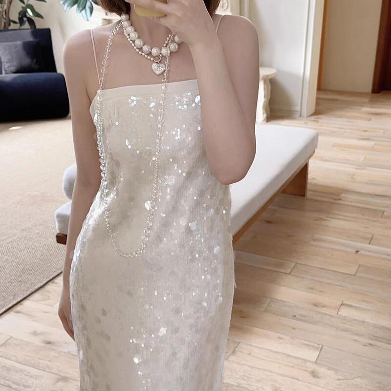 Plus-Size Women's High-End Light Luxury Niche Spaghetti Strap Dress with a Sense of Design, Suitable for Parties, Elegant for Birthday Dinners, Sequin Dress